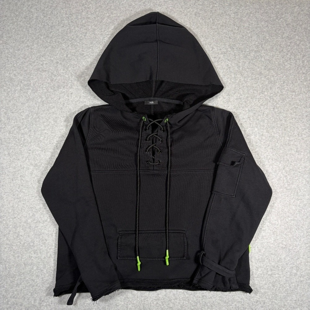 Ruti Pullover Hoodie Women's M/L Black Lace Up Drawstring Raw Hems Neon Accents